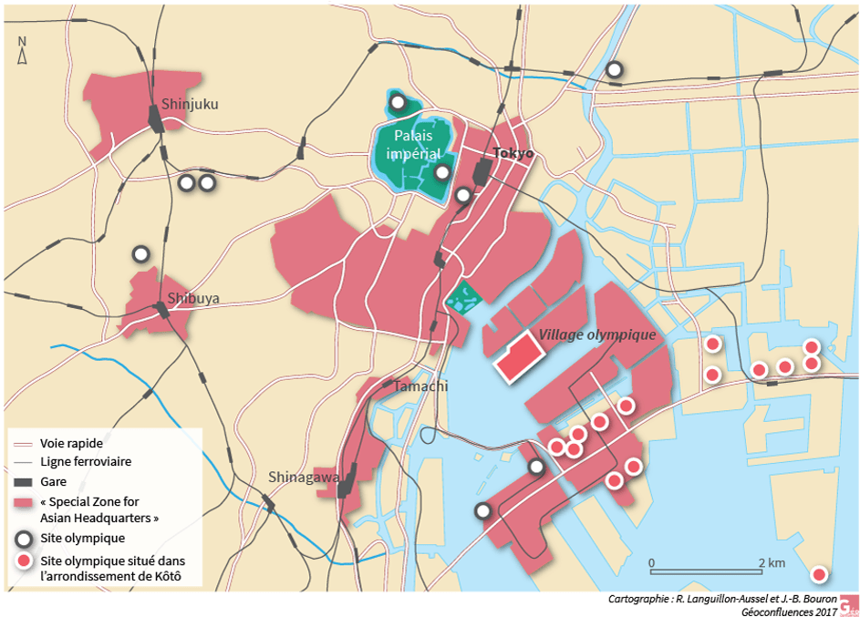 La spatialisation des sites olympiques du projet de Tokyo 2020, et la répartition entre « zone héritage » et « zone de la baie ».